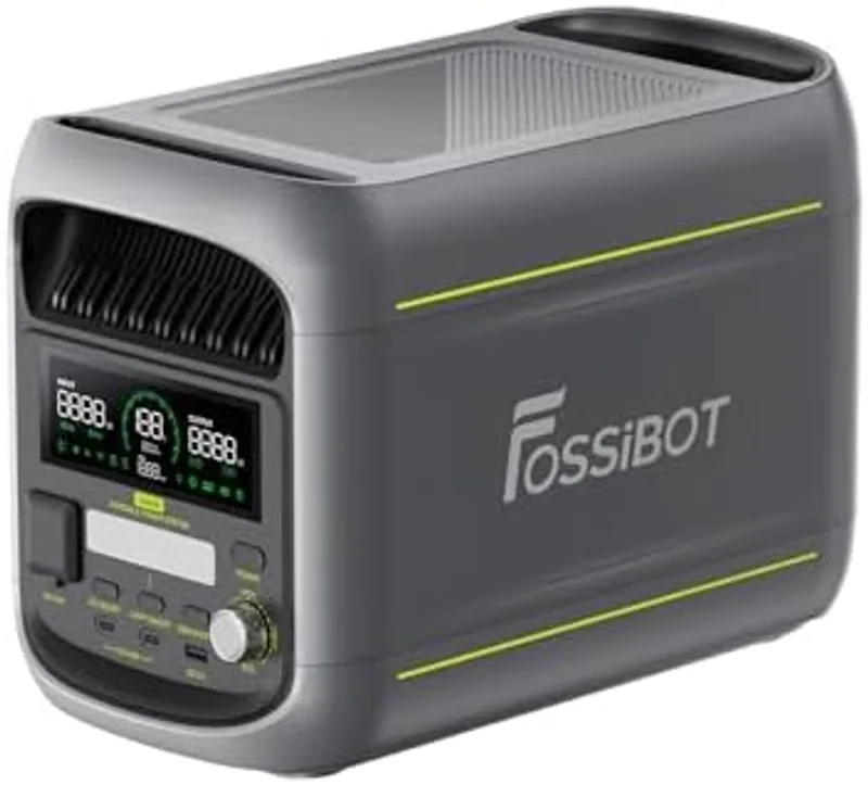 Vista frontal de la FOSSiBOT F1800 con pantalla de estado, tomas AC y puertos USB-C