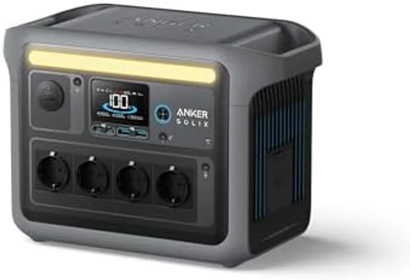 Vista frontal de la Anker SOLIX C1000 con panel de puertos y pantalla de estado