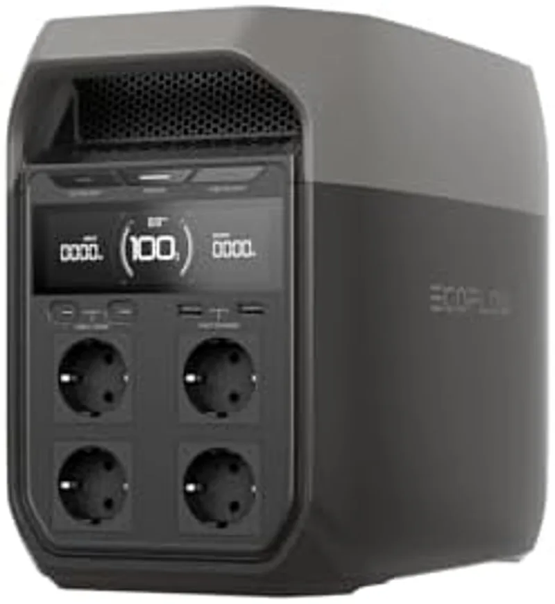 Detalle de los 11 puertos y la pantalla LCD de la EcoFlow DELTA 3 — ficha actual Amazon España