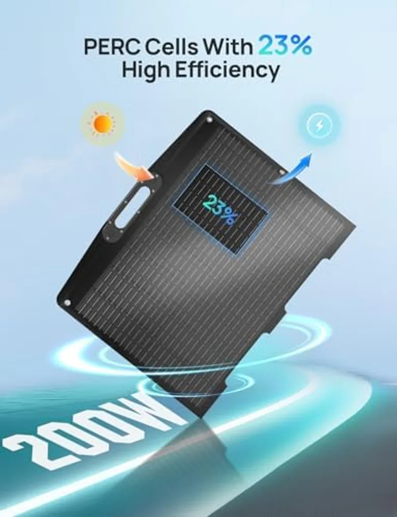 ECO-WORTHY 200W desplegado sobre su soporte de una sola pieza incluido, listo para orientarse hacia el sol