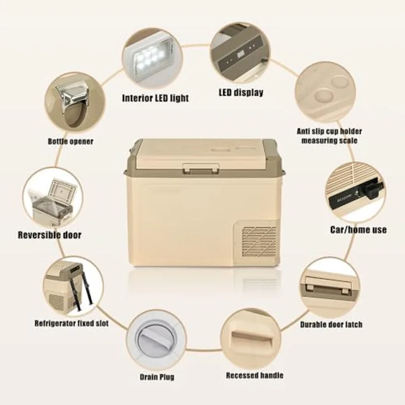 Infografía de la Alpicool GE40 con sus detalles: luz LED interior, display LED, portavasos con regla de medición en la tapa, abrebotellas, puerta reversible, tapón de drenaje, cierre reforzado y asa empotrada