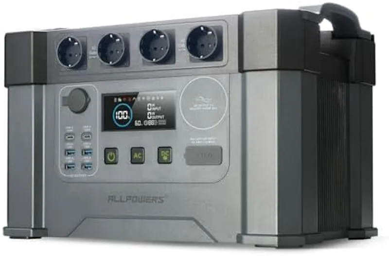 Panel frontal de la ALLPOWERS S2000 Pro con las 4 tomas AC, puertos USB-C y USB-A y pantalla de estado