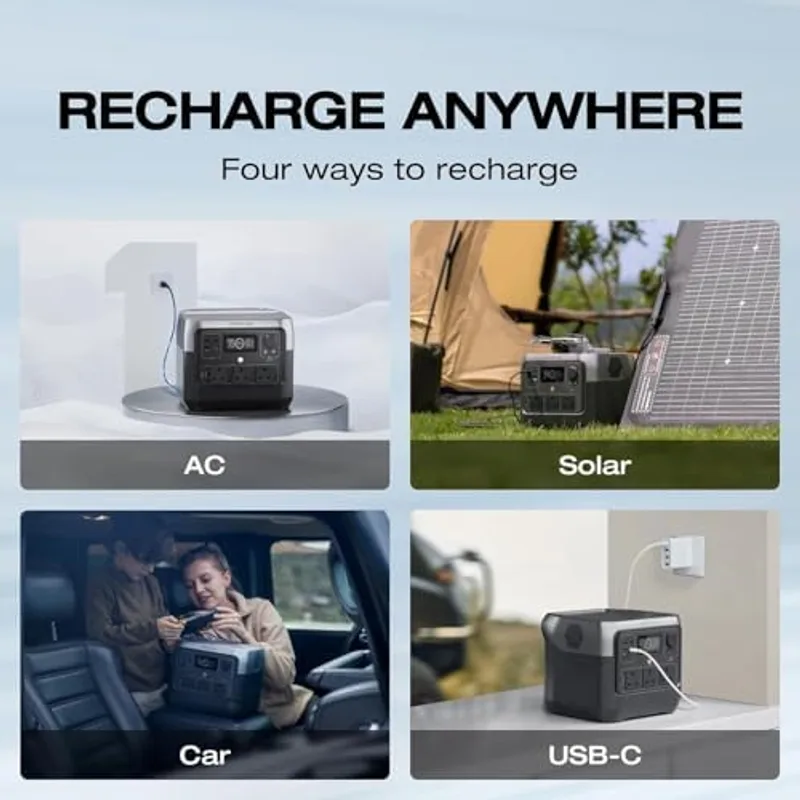 Infografía de EcoFlow con los cuatro métodos de recarga de la RIVER 2 Pro: enchufe AC, panel solar en camping, toma de coche y cargador USB-C