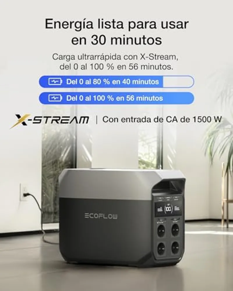 EcoFlow DELTA 3 enchufada a la red junto a una pared con infografía de la carga X-Stream: del 0 al 80% en 40 minutos y del 0 al 100% en 56 minutos