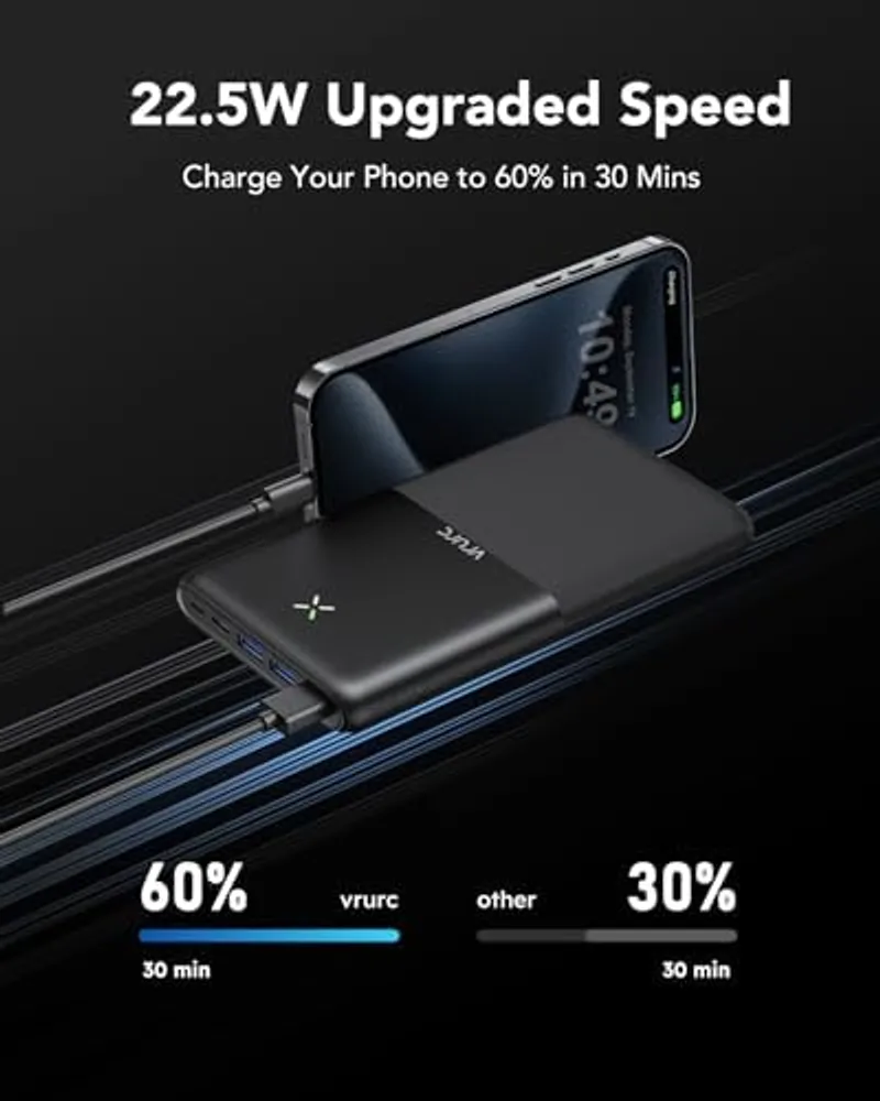 VRURC 30000 mAh en chasis negro cargando un iPhone por cable USB-C, con gráfico comparativo de velocidad de la carga rápida de 22,5 W