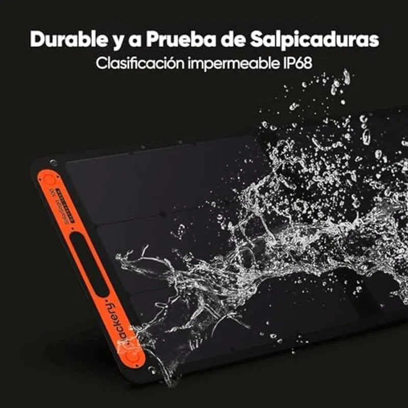 Detalle de la caja de conexiones IP68 del SolarSaga 100W Bifacial con conectores DC8020/DC7909, USB-A y USB-C