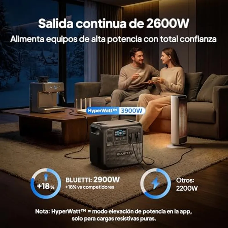 Bluetti Elite 200 V2 en el salón de una casa alimentando a la vez una cafetera espresso y un calefactor mientras una pareja toma café en el sofá