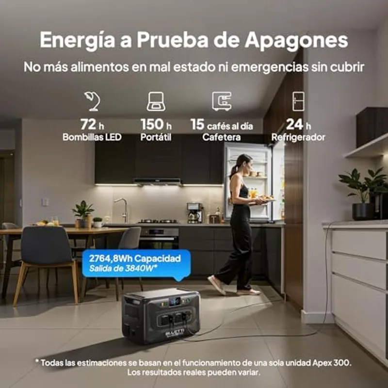 Infografía de la Bluetti Apex 300 alimentando la cocina de una casa durante un apagón, con autonomías estimadas para bombillas LED, portátil, cafetera y frigorífico
