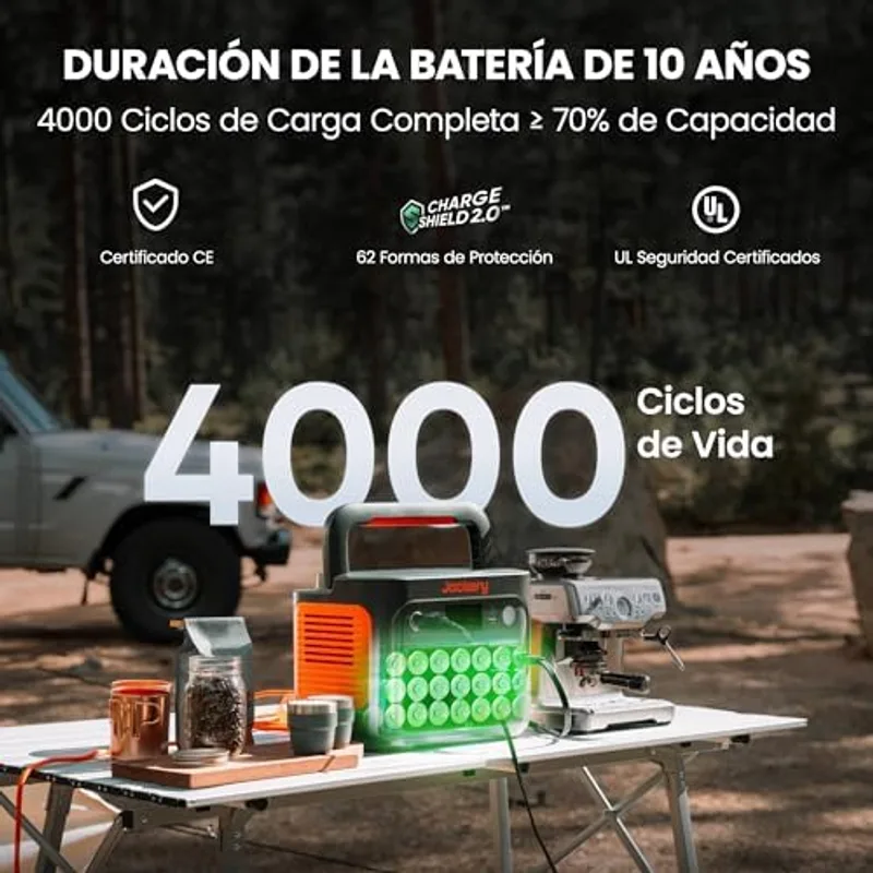 Jackery Explorer 1000 v2 sobre una mesa de camping alimentando una cafetera, con rótulo de 4000 ciclos de vida y certificaciones CE y UL
