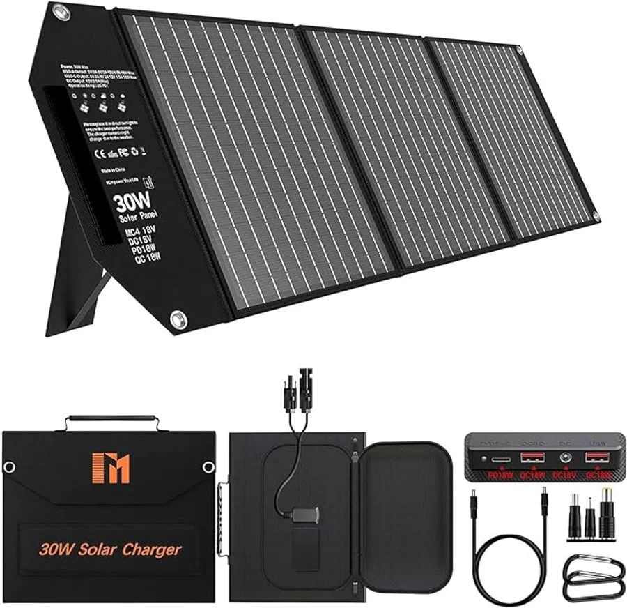 30W Placa Solar Portatil con 5 Puertos, 18V MC4 Mayor Salida/18V DC/QC 3.0 USB-A y USB-C (PD 18W) Cargador Solar, Panel Solar Plegable con Soportes