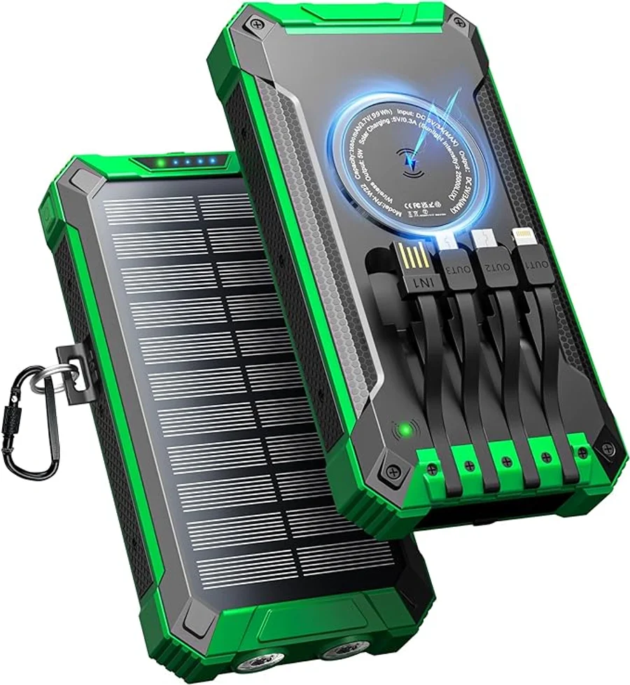 Power Bank Solar 26800mAh con 4 Cables, Batería Externa Cargador Solar Inalámbrico USB-C 15W Carga Rápida 6 Salidas 3 Entradas para Teléfono, Cargador Solar con Linterna, Mosquetón